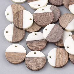 Resin & Walnut Wood Pendants, Flat Round, White, 18x3.5mm, Hole: 1.5mm