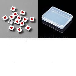 Arricraft maillons multibrins en alliage peint au four, avec l'émail, carré avec motif coeur, rouge et blanc, 8x8x4mm, Trou: 0.9mm, 20 pcs / boîte