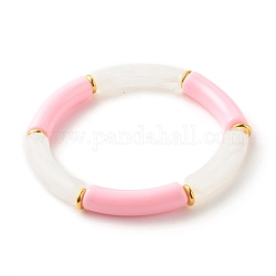 Bracelets extensibles en perles de tube acrylique, avec des perles en laiton, rose, diamètre intérieur: 2-1/8 pouce (5.5 cm)