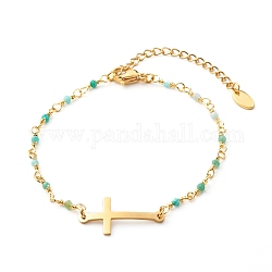 Cross Link Bracelet, Natural Amazonite Beads Bracelet for Girl Women, Golden, 7-1/4 inch(18.5cm)