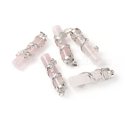 Pendentifs de quartz rose naturel, avec des trouvailles en laiton dragon platine, colonne, 40x13x13.5mm, Trou: 5.5x8.5mm