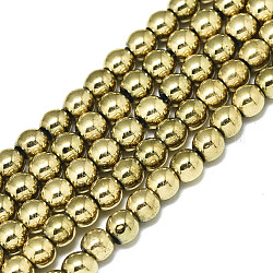 Chapelets de perles en hématite synthétique sans magnétiques, ronde, véritable 18k plaqué or, 4x4mm, Trou: 0.9mm, Environ 100~101 pcs/chapelet, 15.75 pouce (40 cm)
