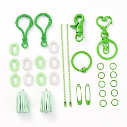 DIY Keychain Making, with Spray Painted Brass Split Key Rings, Brass Swivel Clasps, Iron Heart Key Clasps, Eco-Friendly Iron Ball Chains with Connectors and Acrylic Linking Rings, Green, 31pcs/set