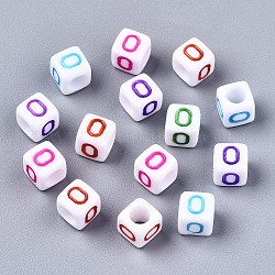 Perles acryliques, trou horizontal, cube avec lettre de couleur mixte, letter.o, 6x6x6mm, Trou: 3mm, environ 2600 pcs/500 g