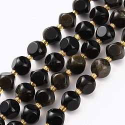Natürliche schwarze Obsidian Perlen Stränge, mit Glasperlen, sechsseitige Himmelswürfel, facettiert, 8~8.5x8~8.5 mm, Bohrung: 1 mm, ca. 40 Stk. / Strang, 15.75 Zoll (40 cm)