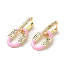 Boucles d'oreilles créoles ovales en laiton plaqué or véritable 18 carat, avec la zircone cubique et émail, perle rose, 32.5x15mm