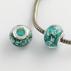 Rondelle Lampwork Large Hole European Beads, with Silver Tone Brass Cores, Dark Cyan, 13~14x10~11mm, Hole: 5mm