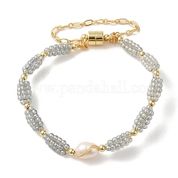 Pulseras de eslabones con cuentas de vidrio y perlas naturales, pulsera envuelta en alambre de latón con cierres magnéticos, real 14k chapado en oro, diámetro interior: 2 pulgada (5.1 cm)