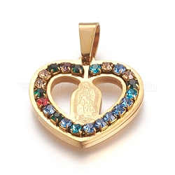 Tema religioso, 304 ciondoli in acciaio inossidabile, con strass colorati, cuore con virgin mary, oro, 20x20.5x3mm, Foro: 6.5x4 mm