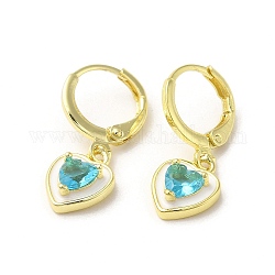 Boucles d'oreilles dormeuses en laiton plaqué or 18 carat véritable cœur, Avec émail et verre, bleu ciel, 23.5x9mm