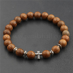 Bracelet extensible en perles de bois et d'alliage, croix, 6-3/4~7-1/2 pouce (17~19 cm)