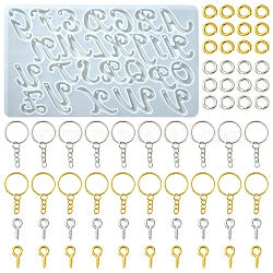 DIY Schlüsselbund machen Kits, inklusive Silikonformen mit Alphabet-Anhänger, Eisen gespaltene Schlüsselringe und Schraubösen Stiftstifte, offener Messing-Biegering, Platin & golden, 155x90x6 mm