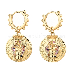 Brass Micro Pave Cubic Zirconia Huggie Hoop Earring, with Cardboard Boxes, Flat Round with Snake Crown, Colorful, Golden, 35mm, Pin: 1mm