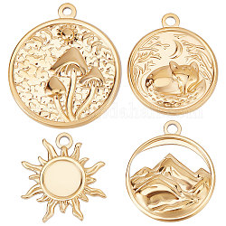Beebeecraft 1 Box 12Pcs 4 Style Flat Round Charms 18K Gold Plated Stainless Steel Pendants Mountain Sun Moon Mushroom Charm Pendant Beads for Jewelry Making Necklace Bracelet