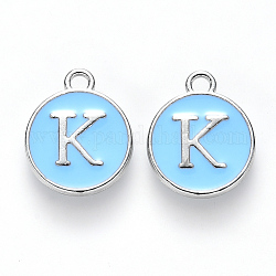 Platinum Plated Alloy Enamel Charms, Cadmium Free & Lead Free, Enamelled Sequins, Flat Round with Letter, Letter.K, 14x12x2mm, Hole: 1.5mm