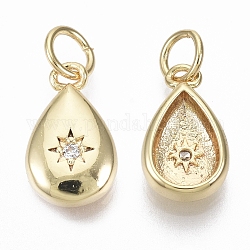 Brass Micro Pave Cubic Zirconia Charms, with Jump Ring, Nickel Free, teardrop, with Star, Clear, Real 18K Gold Plated, 12.5x7.5x3.5mm, Hole: 3mm