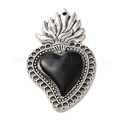 Colgantes de la aleación, con esmalte negro, plata antigua, encanto del sagrado corazón, 48x29x4mm, agujero: 1.5 mm