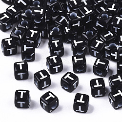 Perline acrilico opaco, foro orizzontale, stile alfabeto, cubo, bianco e nero, letter.t, 5x5x5mm, Foro: 2 mm, circa 5000pcs/500g