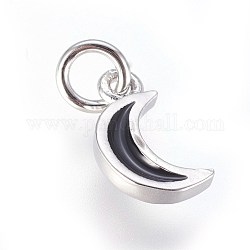 Encantos de latón esmaltado, con anillo de salto, luna, negro, Platino, 10x6x2mm, agujero: 3 mm