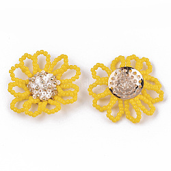 Cabochons en perles de verre, avec supports de disque perforé en laiton doré, fleur, or, 33~36x7~9mm