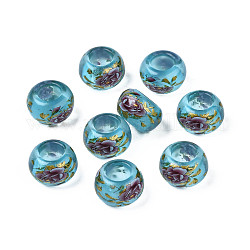 Perline di rondelle in acrilico trasparente con stampa floreale, perline con foro grande, cielo blu, 15x9mm, Foro: 7 mm