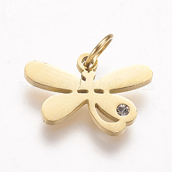 316 Surgical Stainless Steel Pendants, with Rhinestone, Dragonfly Charms, Golden, 10x15x1.5mm, Hole: 3.5mm