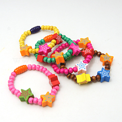 Wood Bracelets for Kids, Children's Day Gifts, with Colorful Star Beads, Stretchy, Mixed Color, 45mm