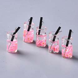 Стеклянные подвески для бутылок, со смолой и полимерной глиной внутри, железный глаз из пластика и платины, имитация сока бутылки, розовые, 24~26x10 мм, отверстие : 1.6 мм