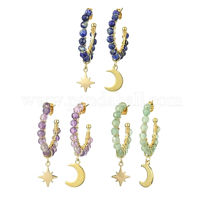 3 пара 3-х стильных сережек-колец из натуральных смешанных драгоценных камней EJEW-TA00322-1