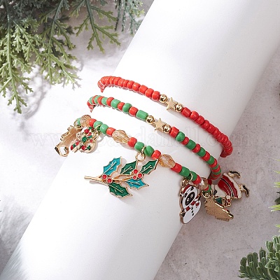 3 комплект браслетов из стеклянных бусин с рождественской тематикой BJEW-JB12442-02-1