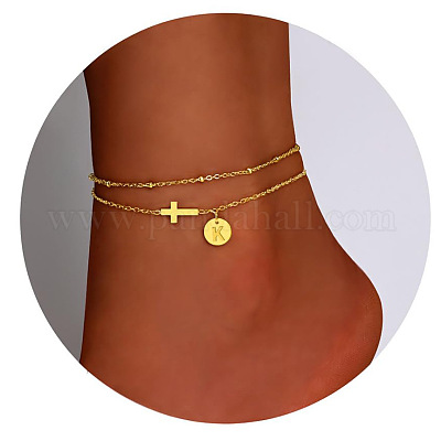 Браслеты на ногу из латуни с боковыми поперечными связями и плоскими круглыми начальными подвесками FS-WG12DAA-09-1