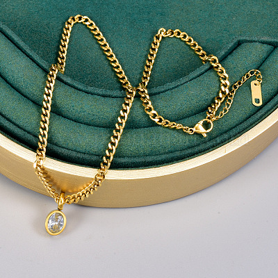 Овальные подвески из нержавеющей стали с прозрачным кубическим цирконием и комплекты браслетов-цепочек панцирного плетения FS-WG5D0A2-01-1