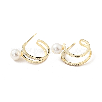 С-образные серьги из прозрачного циркония с акриловой жемчужиной EJEW-G297-04G-1