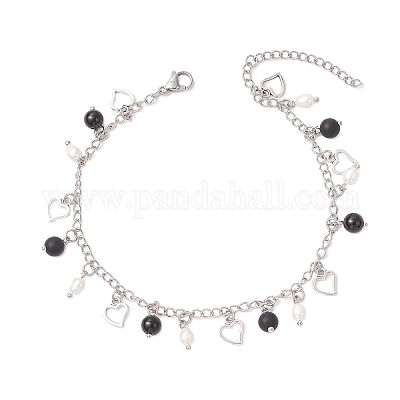 Браслеты на ногу из натурального черного агата (окрашенного и нагретого) с натуральным жемчугом и нержавеющей сталью 304 с цепочкой-кисточкой в форме сердца AJEW-AN00697-1