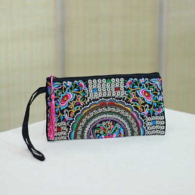 刺繍入り布ハンドバッグ ジッパー付きクラッチバッグ 花模様の長方形 