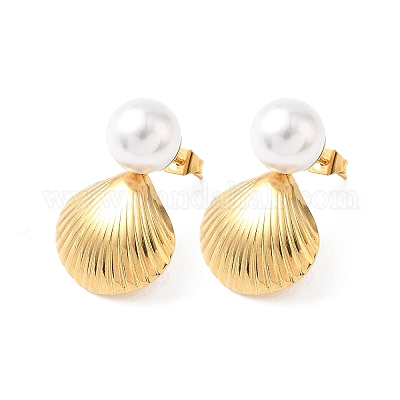 Серьги-гвоздики в форме ракушки из нержавеющей стали 304 с акриловым искусственным жемчугом EJEW-B156-11G-1