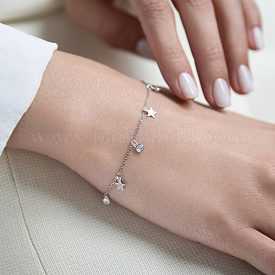 Браслеты из стерлингового серебра с микропаве из прозрачных кубических цирконий со звездами и круглыми подвесками XB3550-1-1