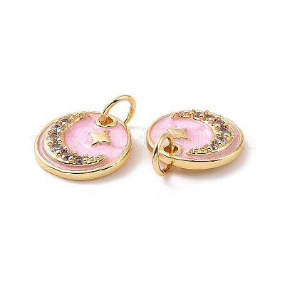 Плоские круглые подвески с луной и звездами из латуни с микропаве из прозрачного кубического циркония KK-G435-41G-1