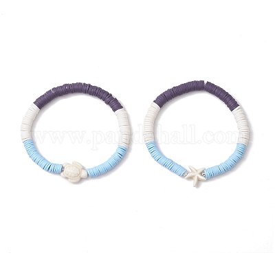 2 шт. плоские круглые эластичные браслеты из полимерной глины ручной работы с бусинами хейши BJEW-JB11802-1