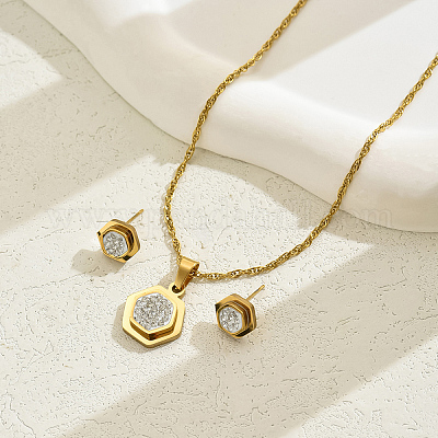 Ожерелья и серьги-гвоздики из нержавеющей стали с шестигранной подвеской и стразами для женщин GG1852-1