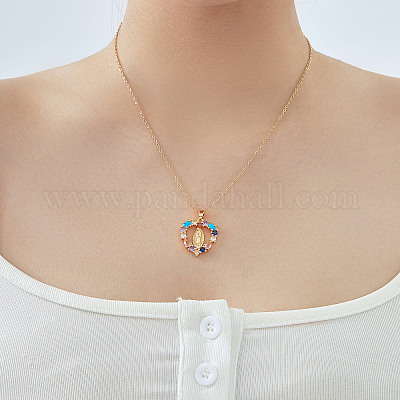 Старинные латунные кубические цирконии религиозные ожерелья с полым кулоном в форме сердца Девы Марии AB7554-1-1