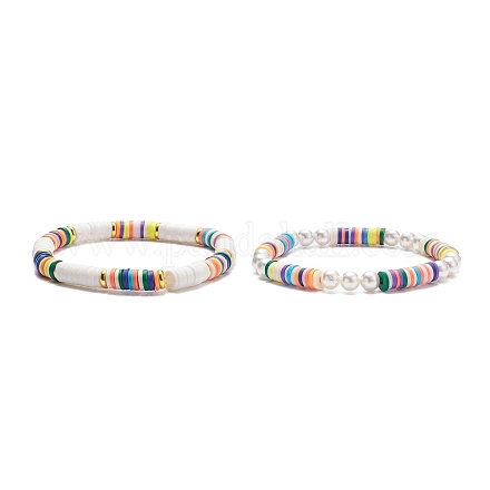 Ensemble de bracelets extensibles en perles de coquillage et en argile polymère BJEW-TA00088-1