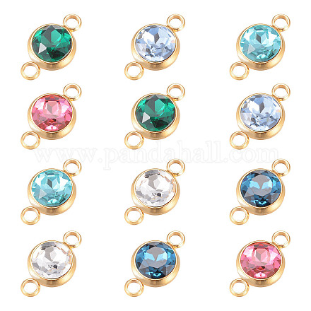 UNICRAFTALE 12pcs 6 Colors Glass Gemstone Links Flat Round Glass Links Charms with Golden Double 304 Stainless Steel Bail Connectors for Women Bracelet Jewelry Making GLAA-UN0001-01G-1