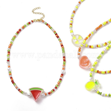 Acryl-Emaille-Früchte-Anhänger-Halskette mit Glassamenketten für Frauen NJEW-JN04293-1