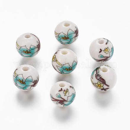 Runde handgefertigte Keramikperlen aus Porzellan mit Blumenmuster X-PORC-Q199-12mm-17-1