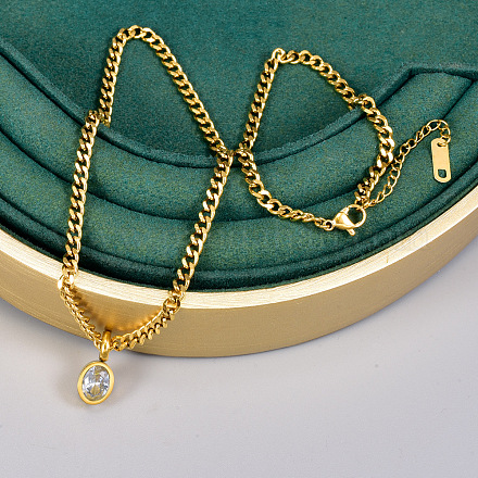 Овальные подвески из нержавеющей стали с прозрачным кубическим цирконием и комплекты браслетов-цепочек панцирного плетения FS-WG5D0A2-01-1