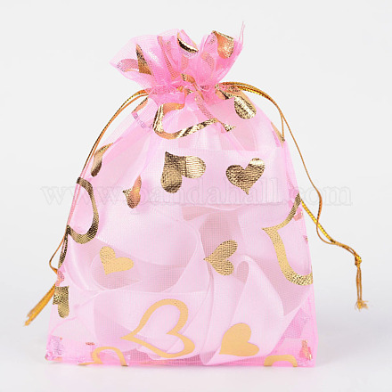 ハートプリントオーガンジーバッグ巾着袋  結婚式の好意バッグ  好意バッグ  ギフトバッグ  長方形  桃パフ  12x10cm X-OP-R022-10x12-02-1