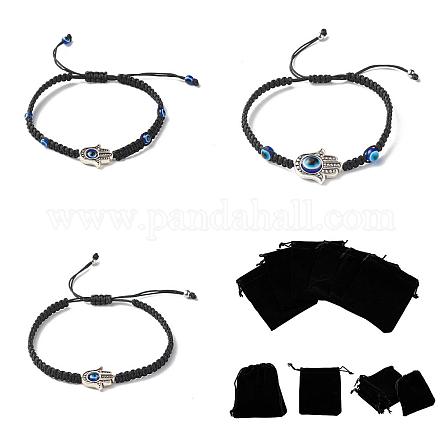 3Pcs 3 Styles Hamsa Hand /Hand of Miriam with Evil Eye Braided Bead Bracelet for Women BJEW-SZ0002-17-1