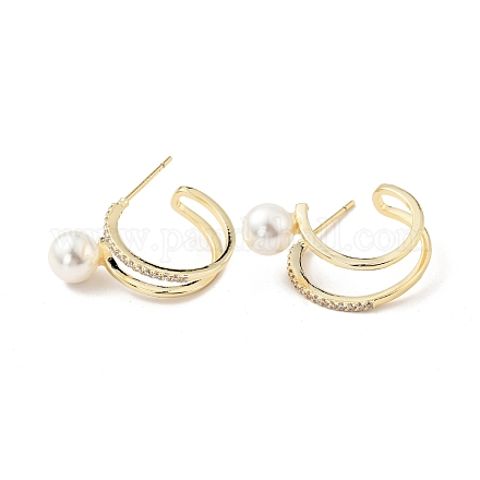 Boucles d'oreilles en forme de C avec zircone cubique transparente et perle en acrylique EJEW-G297-04G-1
