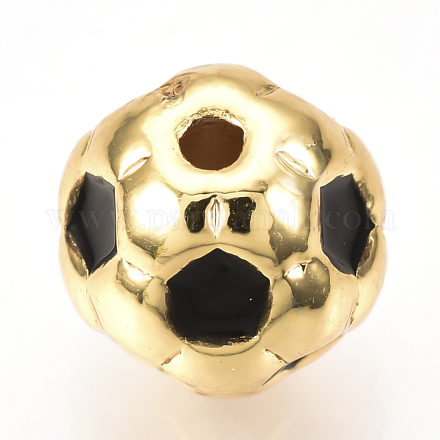 真鍮製エナメルビーズ  サッカー/サッカーボール  ブラック  ゴールドカラー  10mm  穴：1.5mm KK-Q738-10mm-02G-1